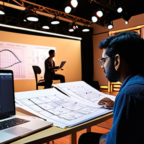 Home 4 **Prompt:** A focused South Asian entrepreneur, male or female, sits at a desk, surrounded by detailed business plans, financial spreadsheets, and artistic sketches of a concert stage. A laptop screen displays a blueprint for lighting and sound equipment. In the background, blurred yet discernible, is a small, nascent stage set up with early stage lighting, symbolizing the initial steps of bringing a vision to life. The scene is illuminated by warm, aspirational light, conveying determination, meticulous planning, and the foundational financial groundwork required for a concert planning company. Photorealistic, high detail.