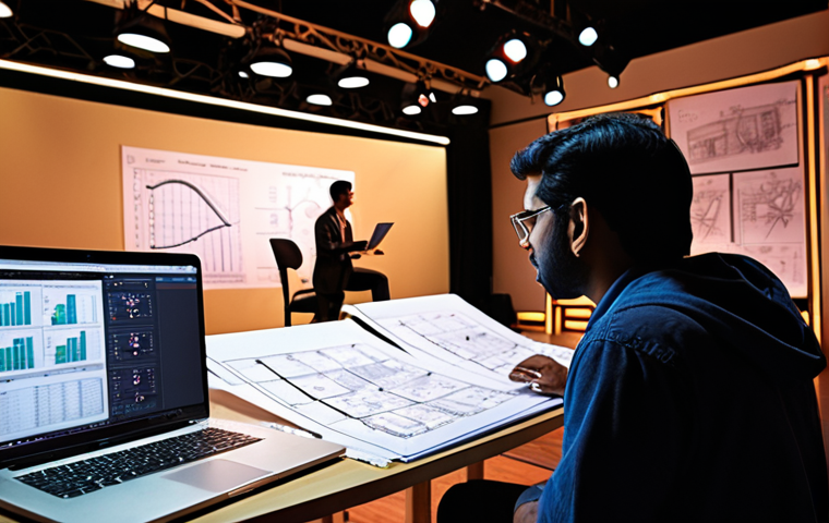 **Prompt:** A focused South Asian entrepreneur, male or female, sits at a desk, surrounded by detailed business plans, financial spreadsheets, and artistic sketches of a concert stage. A laptop screen displays a blueprint for lighting and sound equipment. In the background, blurred yet discernible, is a small, nascent stage set up with early stage lighting, symbolizing the initial steps of bringing a vision to life. The scene is illuminated by warm, aspirational light, conveying determination, meticulous planning, and the foundational financial groundwork required for a concert planning company. Photorealistic, high detail.