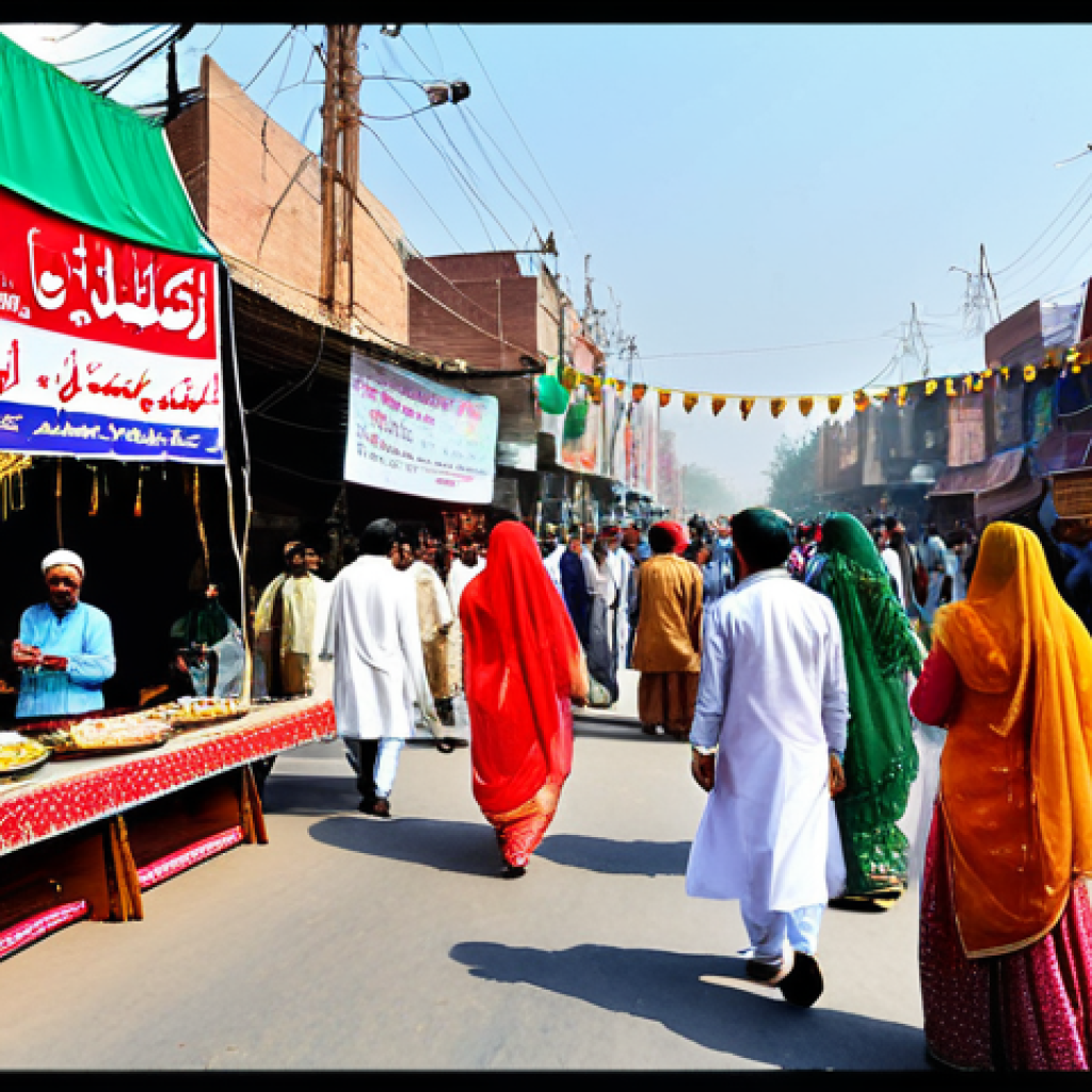 Cultural Program Festivities**

"A vibrant, bustling street scene during a local cultural festival in Lahore, Pakistan. People are fully clothed in traditional, colorful Shalwar Kameez and Sarees, enjoying food stalls, music, and dance performances. Include detailed decorations, banners in Urdu script, and festive lighting. Safe for work, appropriate content, family-friendly atmosphere, professional photography, perfect anatomy, natural proportions."

**