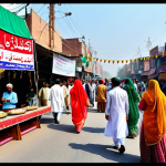 Cultural Program Festivities**

"A vibrant, bustling street scene during a local cultural festival in Lahore, Pakistan. People are fully clothed in traditional, colorful Shalwar Kameez and Sarees, enjoying food stalls, music, and dance performances. Include detailed decorations, banners in Urdu script, and festive lighting. Safe for work, appropriate content, family-friendly atmosphere, professional photography, perfect anatomy, natural proportions."

**