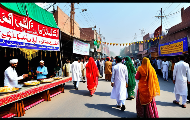 Cultural Program Festivities**

"A vibrant, bustling street scene during a local cultural festival in Lahore, Pakistan. People are fully clothed in traditional, colorful Shalwar Kameez and Sarees, enjoying food stalls, music, and dance performances. Include detailed decorations, banners in Urdu script, and festive lighting. Safe for work, appropriate content, family-friendly atmosphere, professional photography, perfect anatomy, natural proportions."

**